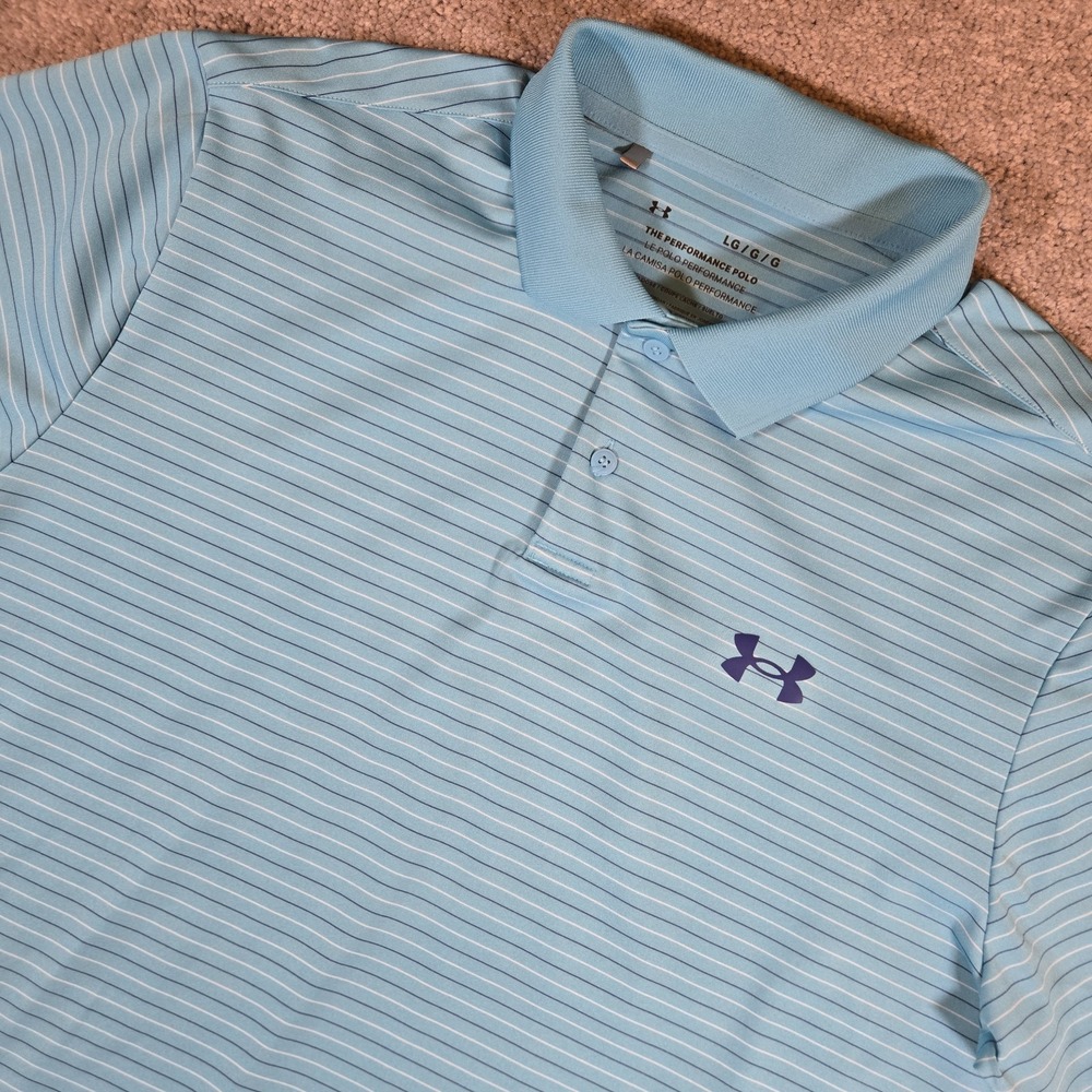 Under Armour Polo Mens Large Blue Striped Playoff Polo Performance Golf